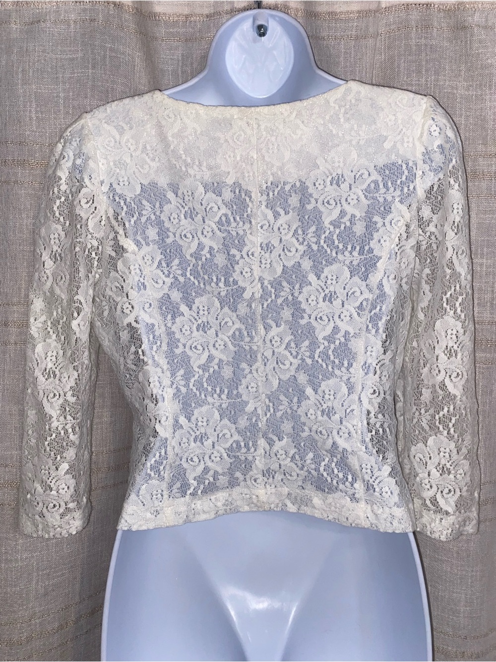 VTG Korean White Floral Lace Shrug Metallic Trim Cropped Jacket M - Picture 10 of 16